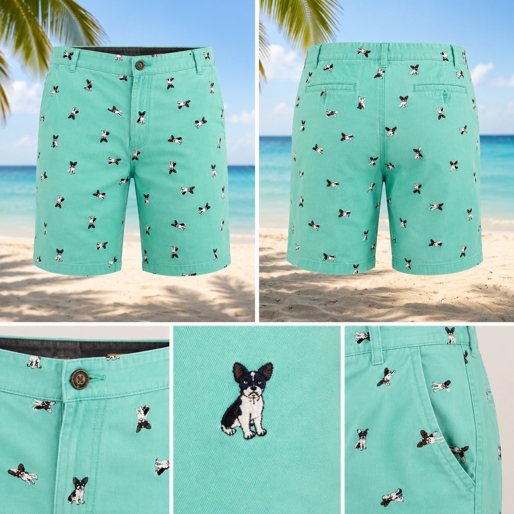 Flag & Anthem Dog Embroidered Shorts Mens 36 Aqua Flat Front Golf Casual Preppy